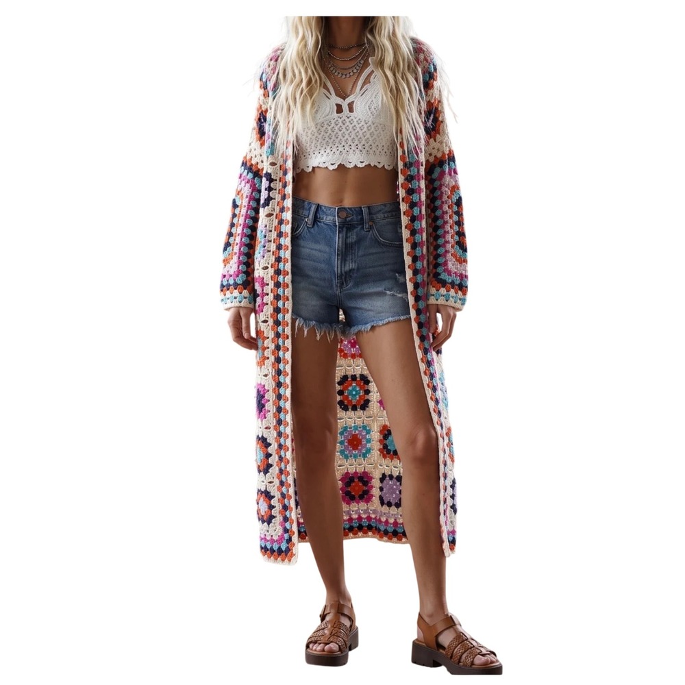 POL One Size Multicolor Granny Square Crochet Duster Cardigan Longline Statement